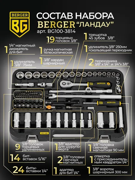 Изображение товара Универсальный набор инструментов BERGER 3/8” / BG100-3814 (100 предметов)