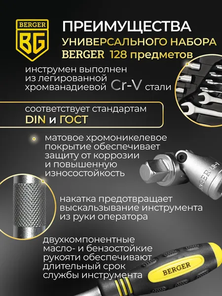 Изображение товара Универсальный набор инструментов BERGER 1/2"-1/4" / BG128-1214 (128 предметов)