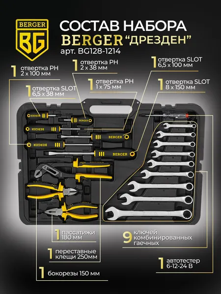 Изображение товара Универсальный набор инструментов BERGER 1/2"-1/4" / BG128-1214 (128 предметов)