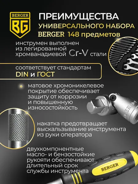 Изображение товара Универсальный набор инструментов BERGER 1/2"-1/4" / BG148-1214 (148 предметов)