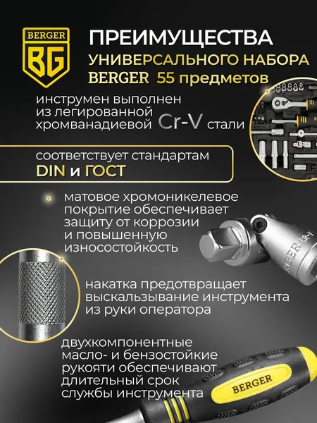 Изображение товара Универсальный набор инструментов BERGER 1/4" / BG055-14 (55 предмета)