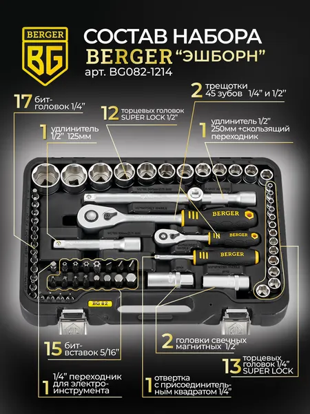 Изображение товара Универсальный набор инструментов BERGER 1/2"-1/4" / BG082-1214 (82 предмета)