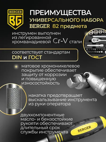 Изображение товара Универсальный набор инструментов BERGER 1/2"-1/4" / BG082-1214 (82 предмета)