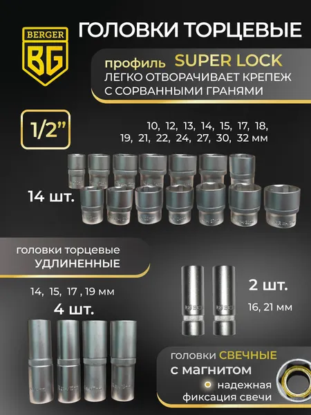 Изображение товара Универсальный набор инструментов BERGER 1/2"-1/4" / BG095-1214 (95 предметов)