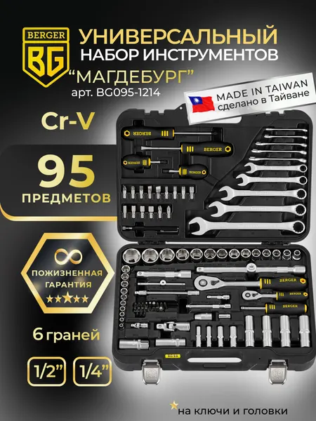 Изображение товара Универсальный набор инструментов BERGER 1/2"-1/4" / BG095-1214 (95 предметов)