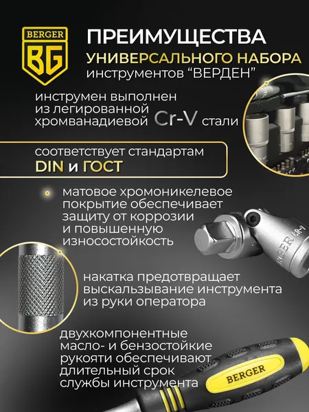 Изображение товара Универсальный набор инструментов BERGER 1/2"-1/4" / BG095-1214 (95 предметов)