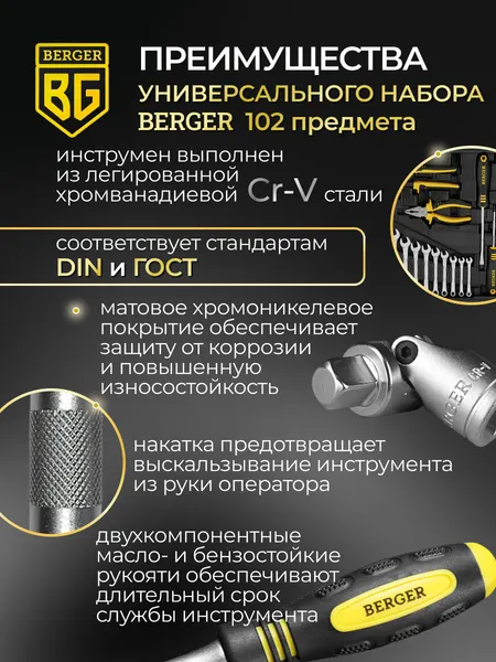 Изображение товара Универсальный набор инструментов BERGER 1/2"-1/4" / BG102-1214 (102 предмета)