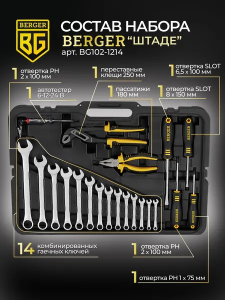 Изображение товара Универсальный набор инструментов BERGER 1/2"-1/4" / BG102-1214 (102 предмета)