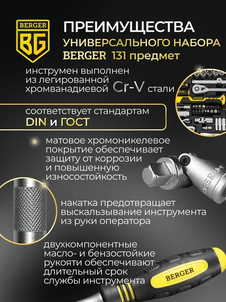 Изображение товара Универсальный набор инструментов BERGER 1/2"-1/4" / BG131-1214 (131 предмет)