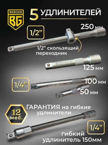 Изображение товара Универсальный набор инструментов BERGER 1/2"-1/4" / BG131-1214 (131 предмет)