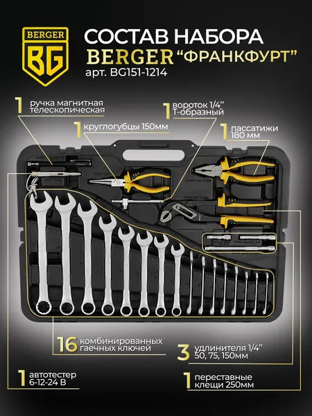Изображение товара Универсальный набор инструментов BERGER 1/2"-1/4" / BG151-1214 (151 предмет)