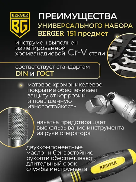 Изображение товара Универсальный набор инструментов BERGER 1/2"-1/4" / BG151-1214 (151 предмет)