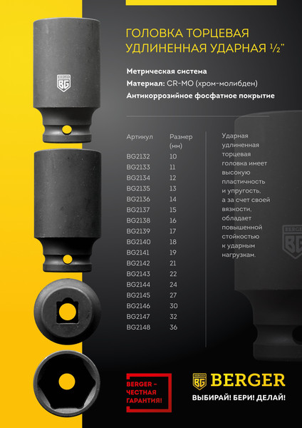 Изображение товара Головка слесарная BERGER 1/2" 16мм / BG2138