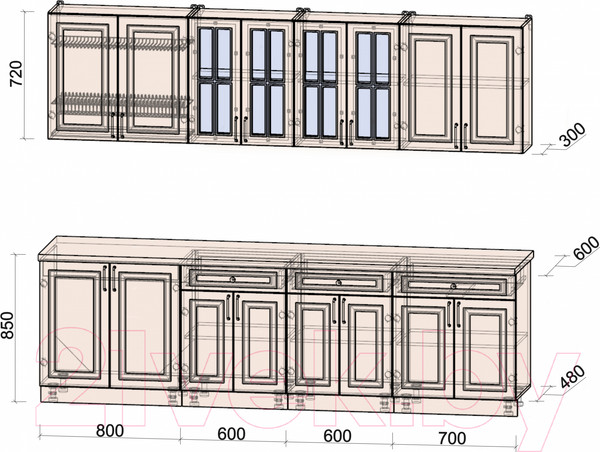 Изображение товара Кухонный гарнитур Интерлиния Мила Шато 2.7А (белый/белый/кастилло темный)