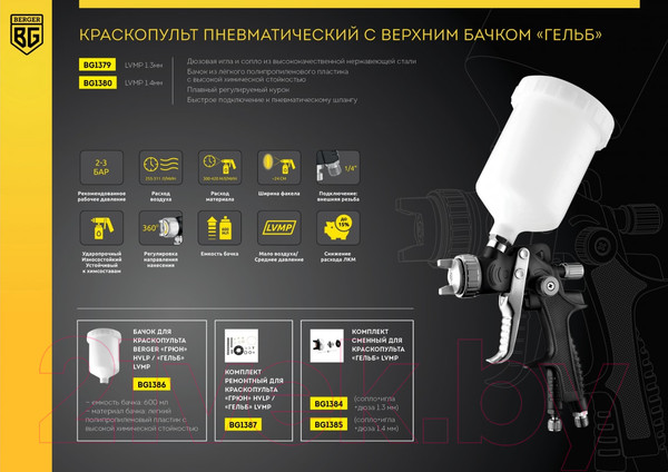 Изображение товара Пневматический краскопульт BERGER Гельб LVMP 1.3мм / BG1379