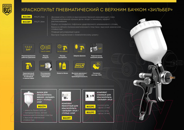 Изображение товара Пневматический краскопульт BERGER Зильбер HVLP 1.3мм / BG1388