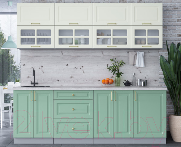 Изображение товара Кухонный гарнитур Интерлиния Мила Шато 2.3Б (белый/мята/бискайская сосна)