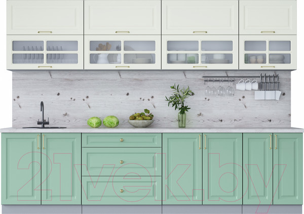 Изображение товара Кухонный гарнитур Интерлиния Мила Шато 3.0Б (белый/мята/бискайская сосна)