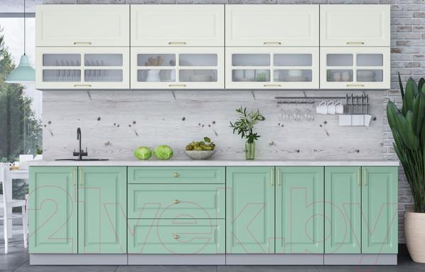 Изображение товара Кухонный гарнитур Интерлиния Мила Шато 3.0Б (белый/мята/бискайская сосна)