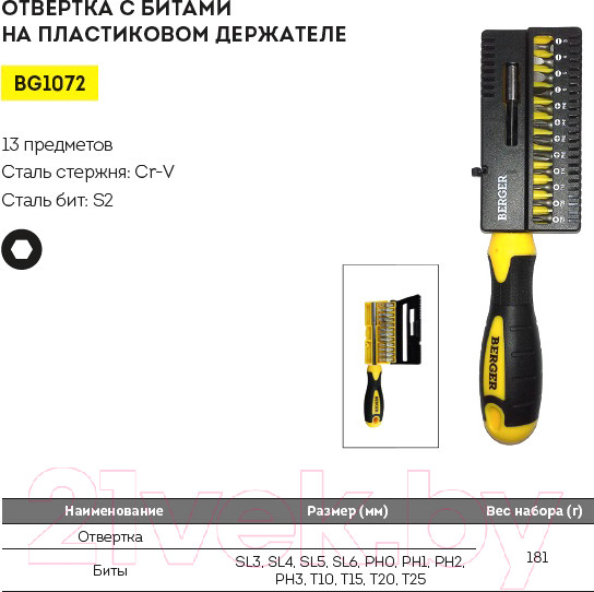 Изображение товара Отвертка BERGER BG1072 (13 предметов)