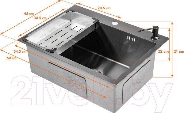 Изображение товара Мойка кухонная Saniteco 6045 Nano (с сифоном, дозатором и коландером)