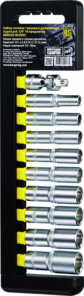Изображение товара Набор головок слесарных BERGER SuperLock удлиненных 1/4" 6-14мм / BG2033 (10 предметов)
