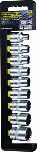 Изображение товара Набор головок слесарных BERGER Spline 1/2" 8-21мм / BG2039 (9 предметов)