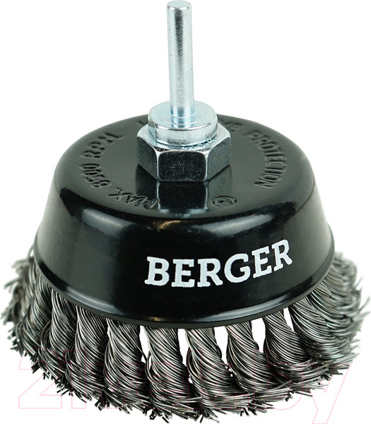 Изображение товара Щетка для электроинструмента BERGER Чашеобразная 100мм гайка М14 + хвостовик 6мм / BG1744 (витая оцинкованная сталь 0.5мм)