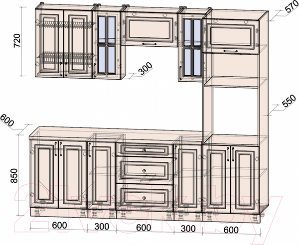 Изображение товара Кухонный гарнитур Интерлиния Мила Шато 2.4В (белый/белый/кастилло темный)