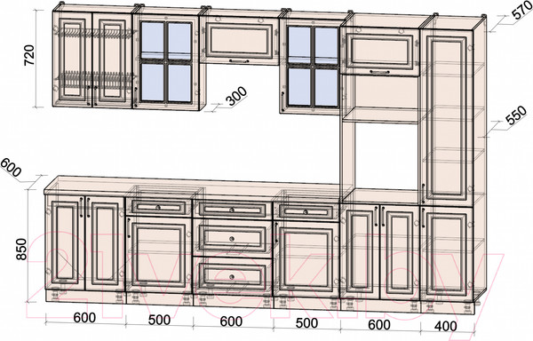 Изображение товара Кухонный гарнитур Интерлиния Мила Шато 3.2В (мята/мята/дуб бунратти)