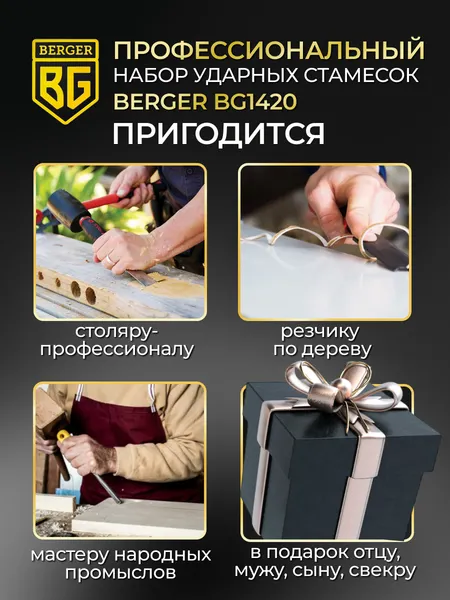 Изображение товара Набор стамесок BERGER Ударных для обработки древесины 8/12/16/24мм / BG1420 (4 предмета)