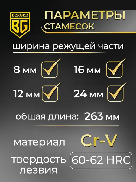 Изображение товара Набор стамесок BERGER Ударных для обработки древесины 8/12/16/24мм / BG1420 (4 предмета)