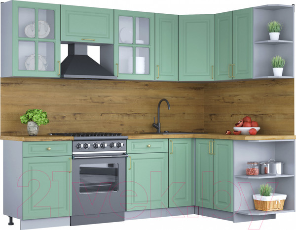 Изображение товара Кухонный гарнитур Интерлиния Мила Шато 1.5x2.5 правая (мята/мята/дуб бунратти)