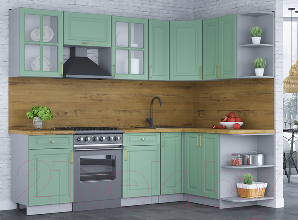 Изображение товара Кухонный гарнитур Интерлиния Мила Шато 1.5x2.5 правая (мята/мята/дуб бунратти)