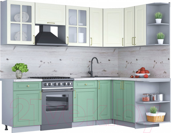 Изображение товара Кухонный гарнитур Интерлиния Мила Шато 1.5x2.5 правая (белый/мята/бискайская сосна)