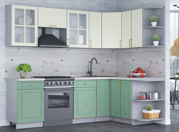 Изображение товара Кухонный гарнитур Интерлиния Мила Шато 1.5x2.5 правая (белый/мята/бискайская сосна)