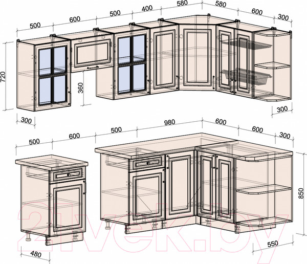 Изображение товара Кухонный гарнитур Интерлиния Мила Шато 1.5x2.6 правая (луна/луна/бискайская сосна)