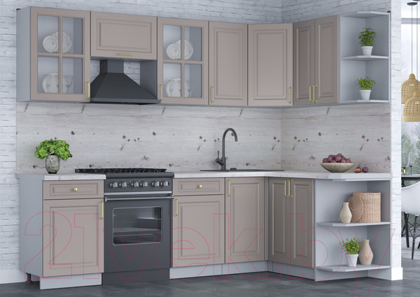 Изображение товара Кухонный гарнитур Интерлиния Мила Шато 1.5x2.6 правая (луна/луна/бискайская сосна)