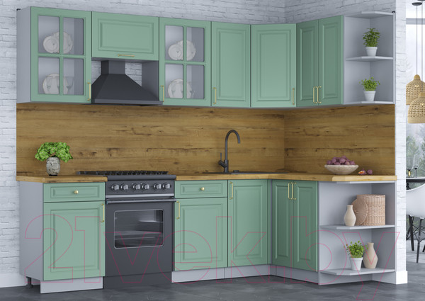 Изображение товара Кухонный гарнитур Интерлиния Мила Шато 1.5x2.6 правая (мята/мята/дуб бунратти)