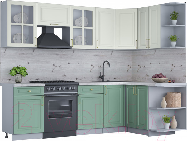 Изображение товара Кухонный гарнитур Интерлиния Мила Шато 1.5x2.6 правая (белый/мята/бискайская сосна)