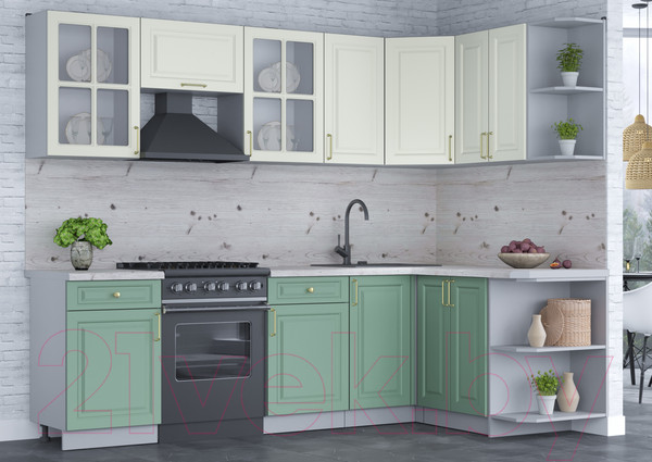 Изображение товара Кухонный гарнитур Интерлиния Мила Шато 1.5x2.6 правая (белый/мята/бискайская сосна)