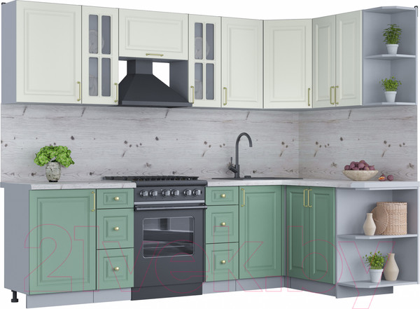 Изображение товара Кухонный гарнитур Интерлиния Мила Шато 1.5x2.7 правая (белый/мята/бискайская сосна)