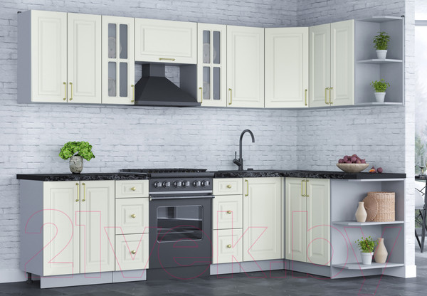 Изображение товара Кухонный гарнитур Интерлиния Мила Шато 1.5x2.8 правая (белый/белый/кастилло темный)