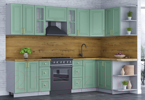 Изображение товара Кухонный гарнитур Интерлиния Мила Шато 1.5x2.8 правая (мята/мята/дуб бунратти)