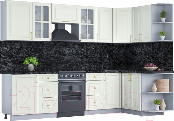 Изображение товара Кухонный гарнитур Интерлиния Мила Шато 1.5x2.9 правая (белый/белый/кастилло темный)