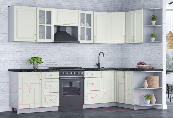 Изображение товара Кухонный гарнитур Интерлиния Мила Шато 1.5x2.9 правая (белый/белый/кастилло темный)