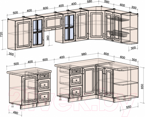 Изображение товара Кухонный гарнитур Интерлиния Мила Шато 1.5x2.9 правая (луна/луна/бискайская сосна)