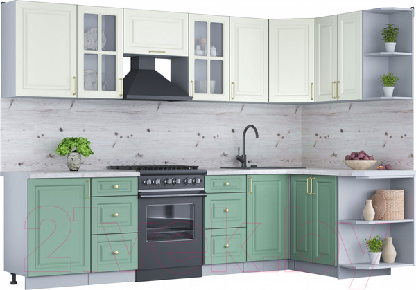 Изображение товара Кухонный гарнитур Интерлиния Мила Шато 1.5x2.9 правая (белый/мята/бискайская сосна)