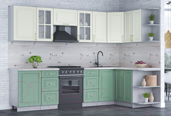 Изображение товара Кухонный гарнитур Интерлиния Мила Шато 1.5x2.9 правая (белый/мята/бискайская сосна)