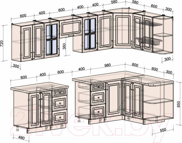 Изображение товара Кухонный гарнитур Интерлиния Мила Шато 1.5x3.0 правая (белый/белый/кастилло темный)